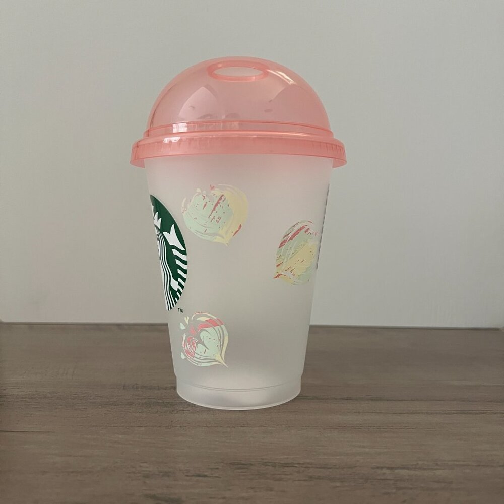 Starbucks Japan Pink Dome Lid Reusable Plastic Cold Cup - Marbled Hearts - Picture 6 of 8